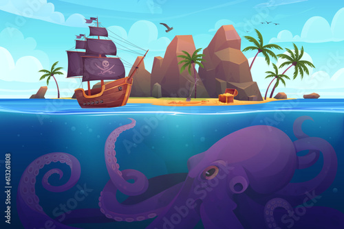 Cartoon sea or ocean game adventure background template with boat sailing for treasure chest and monster. Tropical island landscape with pirate ship and giant underwater octopus vector illustration