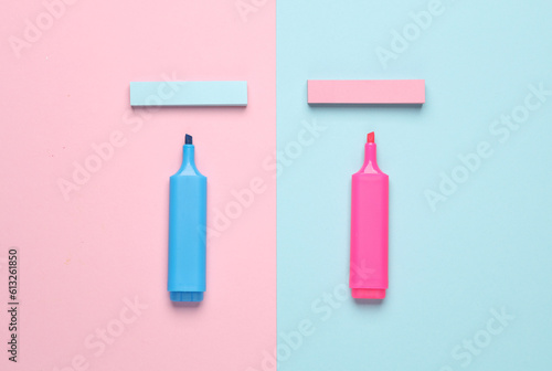 Note stripe stickers with markers on blue pink pastel background