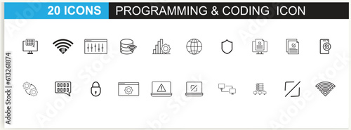 Developer icon set. Included the icons as code, programmer coding, mobile app, API, node connect, flow, logic, and web coder Vector.