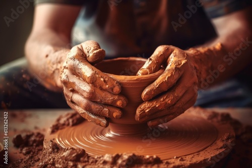 Hands of potter making clay pot. Close up process shot of a potter's hands shaping clay on a pottery wheel