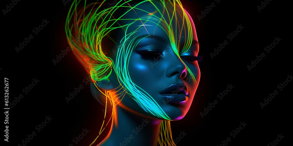 Schönes Gesicht einer Frau in Blaulicht Neon Nahaufnahme, ai generativ