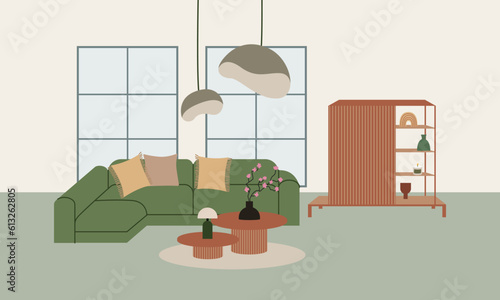 Living room in trendy minimal japandi or scandinavian style. Vector flat illustration of interior with sofa, table, lamp, cabinet, window and other furniture