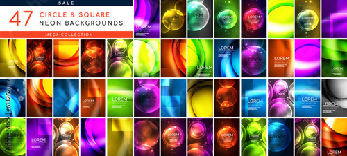 Mega collection of neon circles and squares. Elements bundle for wallpaper, banner, background, landing page, wall art, invitation, print, posters