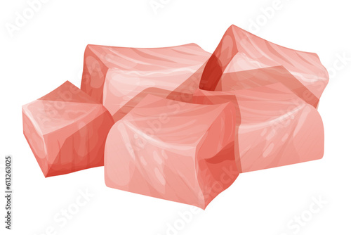 Chicken pieces, cubes raw meat, chopped sclices in cartoon style isolated on white background. Uncooked ingredient. 