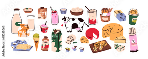 Organic dairy products set. Fresh milk drinks, cheese, butter, ice cream, yoghurt. Different natural food and beverages in packs and bottles. Flat vector illustrations isolated on white background