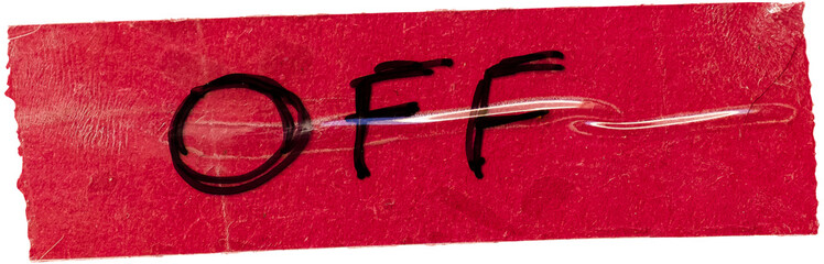 single sticker on red paper background, isolated sticker overlay showing the word OFF.