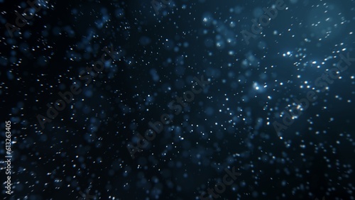 Hydrogen and sustainable blue hydro energy concept in an abstract glowing bubble particles 3d illustration on blue light motion background. Macroscopic festival or event and science background