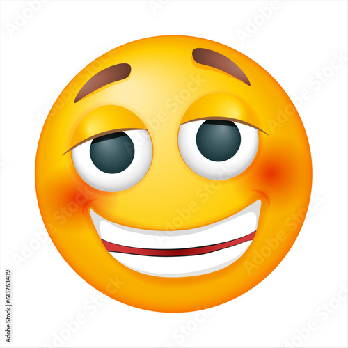 Cheerful vector emoji on white background. Vector smiling emoji. Smiling yellow face. Happy. Cute emoticon.	