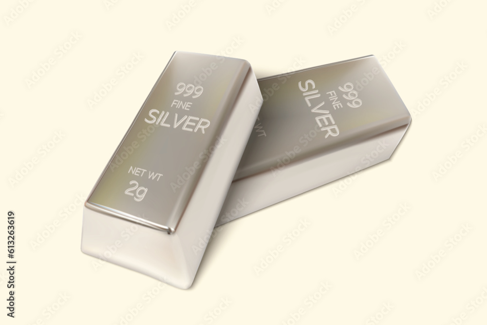 Two Silver bars on isolated background. 2gm Silver Ingot. 3D Render. Vector illustration. Two Silver bars on isolated background. 2gm Silver Ingot. 3D Render. Vector illustration.