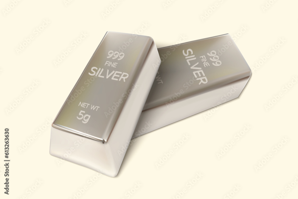 Two Silver bars on isolated background. 5gm Silver Ingot. 3D Render. Vector illustration. Two Silver bars on isolated background. 5gm Silver Ingot. 3D Render. Vector illustration.