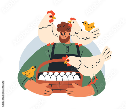 Happy farmer with hens and organic eggs. Agriculture worker presenting products at local market with chicken. Man with farm food, poultry birds. Flat vector illustration isolated on white background