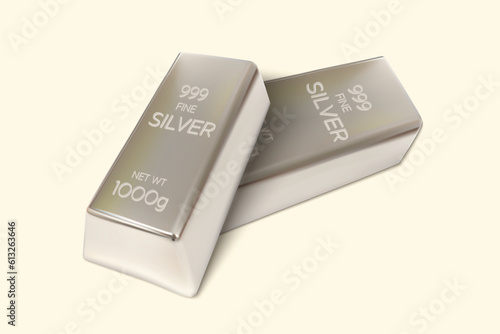 Two Silver bars on isolated background. 1000gm or 1Kg Silver Ingot. 3D Render. Vector illustration.