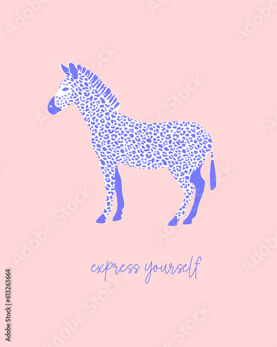 Express Yourself. Abstract Vector Illustration with a Violet-white Zebra with Leopard Skin Pattern instead of Stripes. Wild Zebra Isolated on a Light Coral Pink Background. Pink Safari Print.