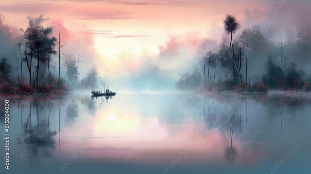 A digital painting with an ethereal and dreamlike atmosphere, using soft pastel hues and subtle brushstrokes to create a sense of tranquility and serenity. Generative AI. 