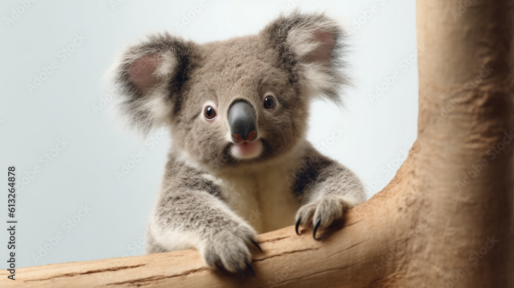 Naklejka premium Adorable koala placed against a white backdrop. Generative AI
