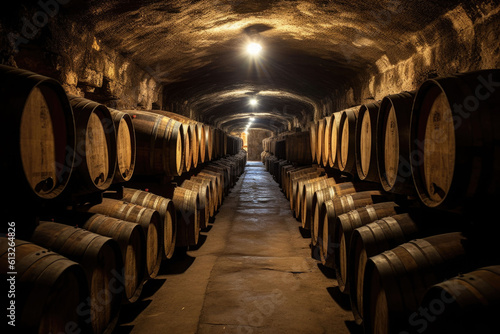 Storage cellar with barrels making wine or whisky bottles. Generative AI