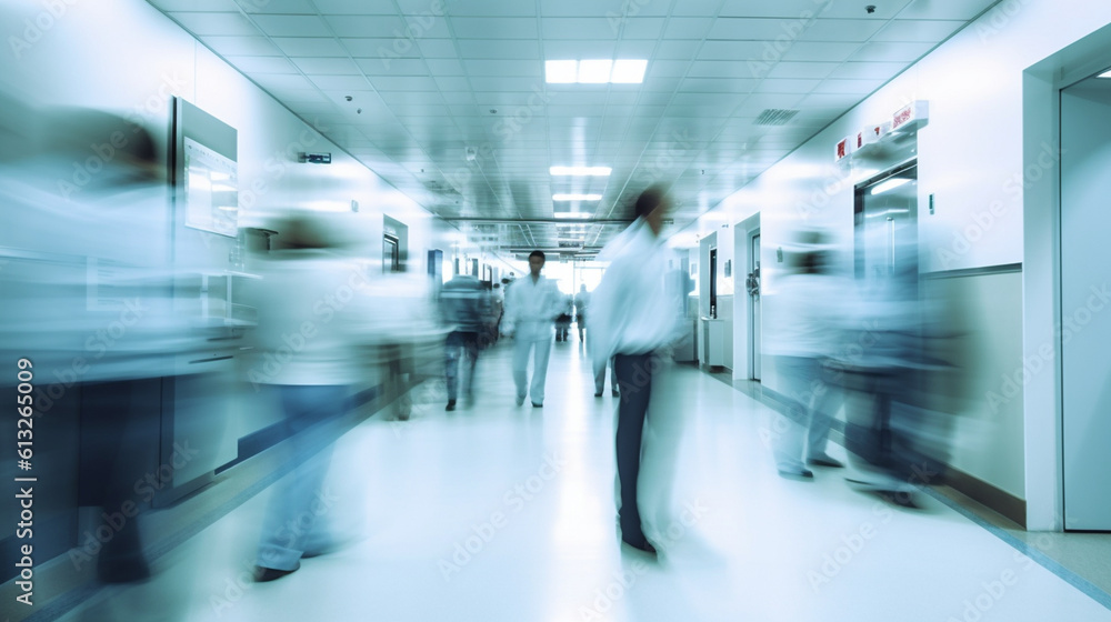 Fototapeta premium Blurred movement in the emergency room of a hospital. Generative AI