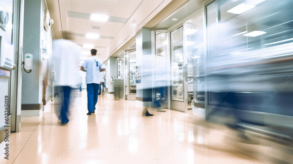 Blurred movement in the emergency room of a hospital. Generative AI Blurred movement in the emergency room of a hospital. Generative AI