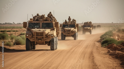 A convoy of military vehicles travels along a dusty pathway. Generative AI