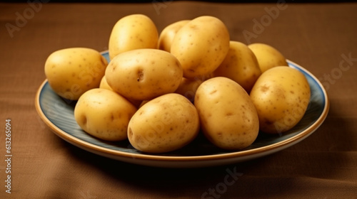 New potatoes, boiled, resting on a plate on the kitchen table. Generative AI