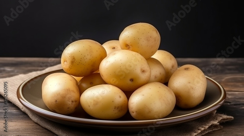 New potatoes, boiled, resting on a plate on the kitchen table. Generative AI