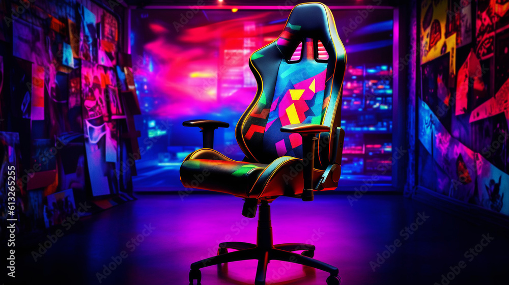 Fototapeta premium Gaming chair with vibrant backdrop Generative AI