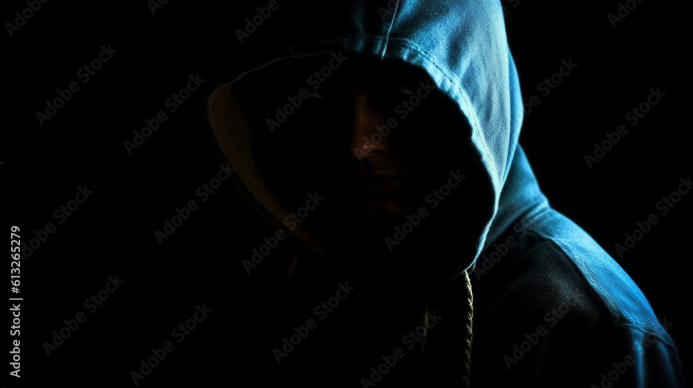 Shadowy figure of a hooded hacker in the darkness. Generative AI Shadowy figure of a hooded hacker in the darkness. Generative AI