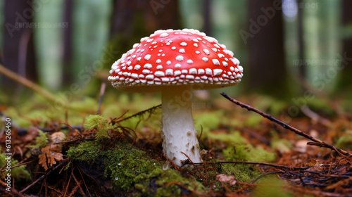 Toadstool Amanita muscaria, a toxic fungus found in a woodland area. Generative AI