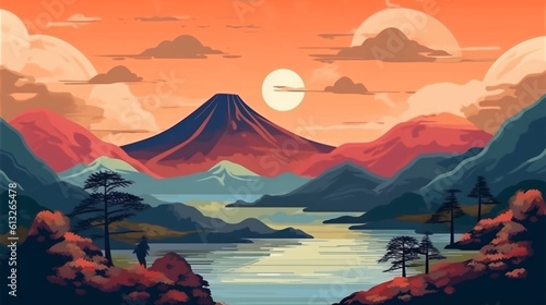 Japanese landscape with mountains depicted in an abstract style. Generative AI