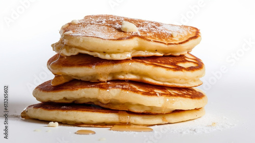A pile of soft, spongy pancakes set against a white backdrop. Generative AI