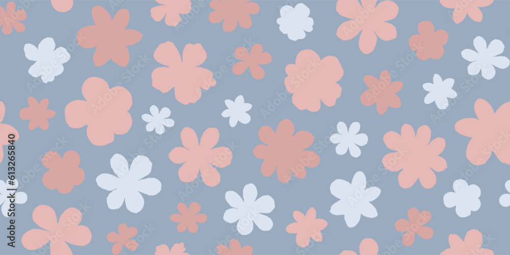 Seamless pattern with hand drawn flowers.Pink and blue flowers on blue background.Floral background in pastel colors for clothing design,textiles,promotional materials,covers and more.Vector