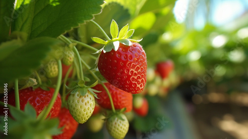 Close-up of a strawberry plant in an orchard plantation Generative AI