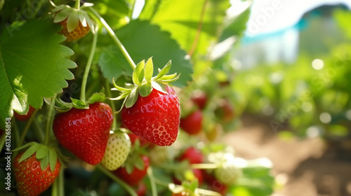 Close-up of a strawberry plant in an orchard plantation Generative AI