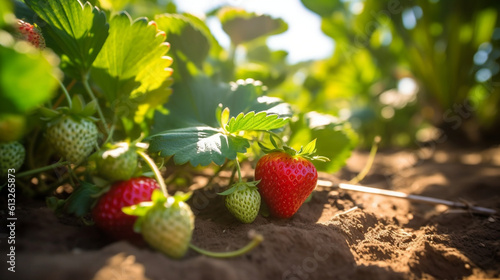 Close-up of a strawberry plant in an orchard plantation Generative AI