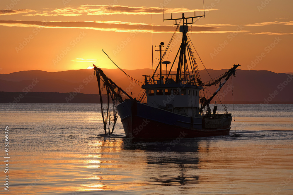 fishing ship on sea at sunset. generative ai