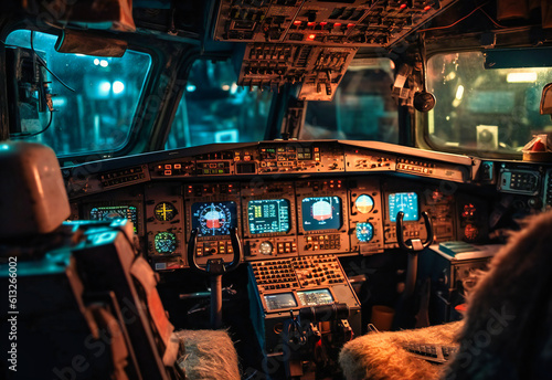 a picture of an aircraft cockpit, showing different controllers at night
