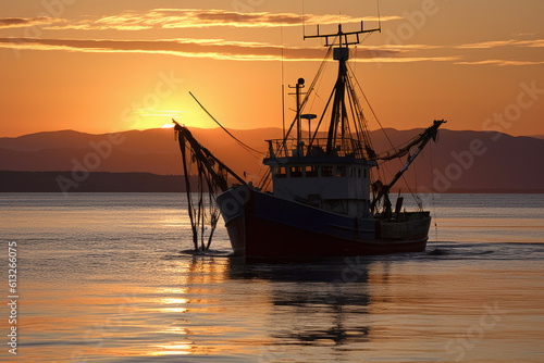 fishing ship on sea at sunset. generative ai