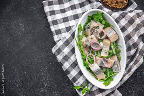 fresh herring slice meal food snack on the table copy space food background rustic top view