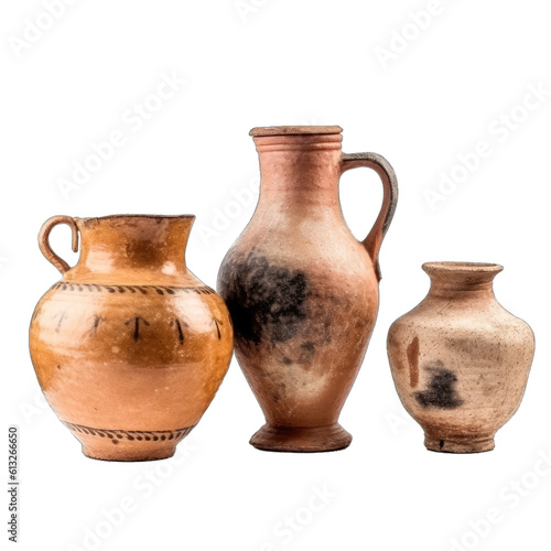 Set of ancient terracotta jugs and jars isolated on transparent background. Old clay vase. Antique clay decoration