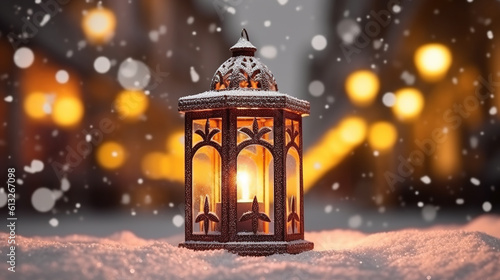 Christmas lantern in the snow background with copy space