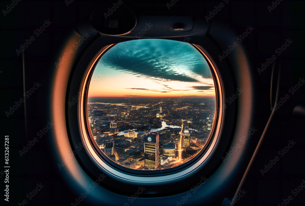 an airplane window with a view of a city an airplane window with a view of a city