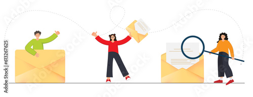 Set with persons sending letters, received e-mail, admitting the documents, receiving positive answer, getting incoming letter by e-mail with admitted documents, hiring people on work concept
