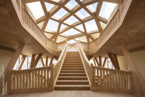 abstract wooden interior with staircase. generative AI