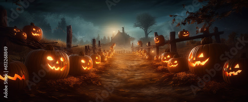 Creepy halloween carved pumpkin jack-o-lantern in a spooky landscape at night. Generative ai