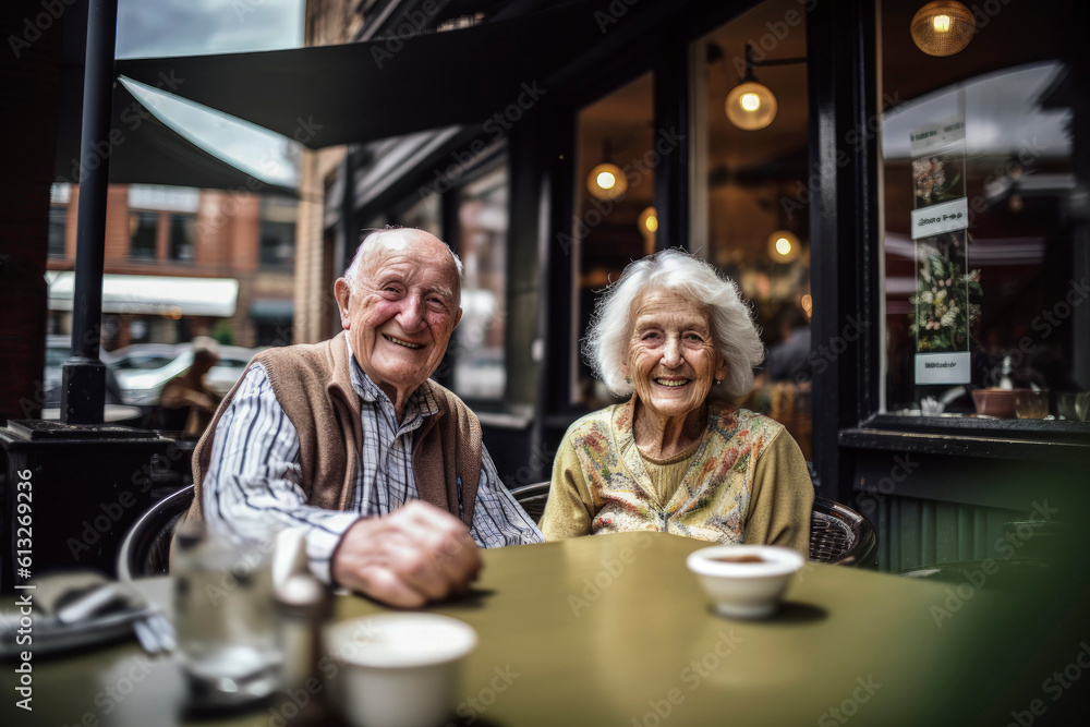 Generative AI illustration of happy old Caucasian couple enjoying having a drink on a bar terrace Generative AI illustration of happy old Caucasian couple enjoying having a drink on a bar terrace