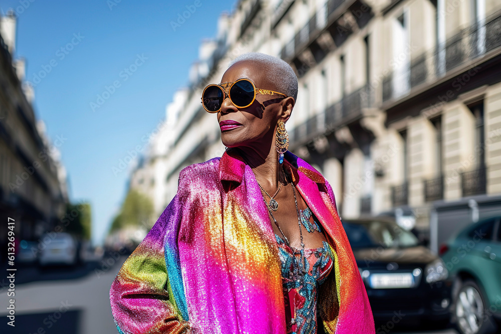 Fototapeta premium Generative AI illustration of 60 years old black woman dressed in haute couture walking through the streets of Paris