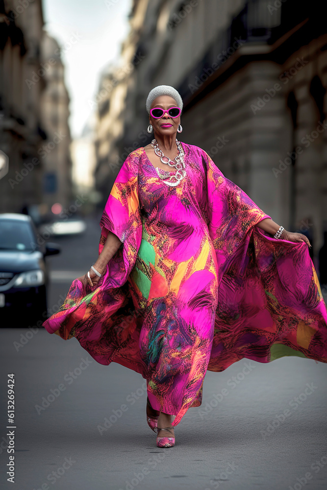 Fototapeta premium Generative AI illustration of 60 years old black woman dressed in haute couture walking through the streets of Paris
