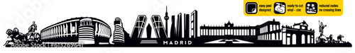 Detailed Madrid Spain skyline vector, perfect for vinyl cutting. Includes major spanish landmarks in one impressive image. Vinly ready design. Wall decal. Silhouette black and white. 