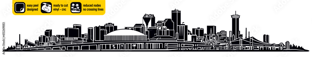 Detailed New Orleans USA skyline vector, ideal for vinyl cutting. Showcases major America landmarks in a single captivating design. Vinyl ready design. Wall sticker. Mississippi wall decal.