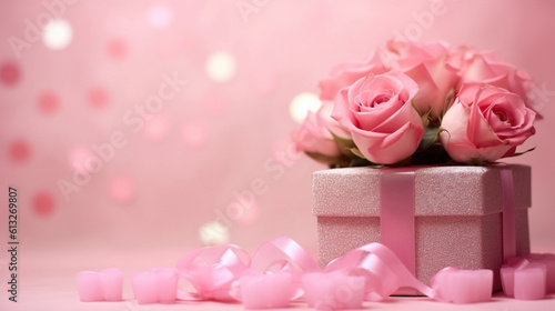 Pink gift boxes and a bouquet of roses on abstract background with copy space